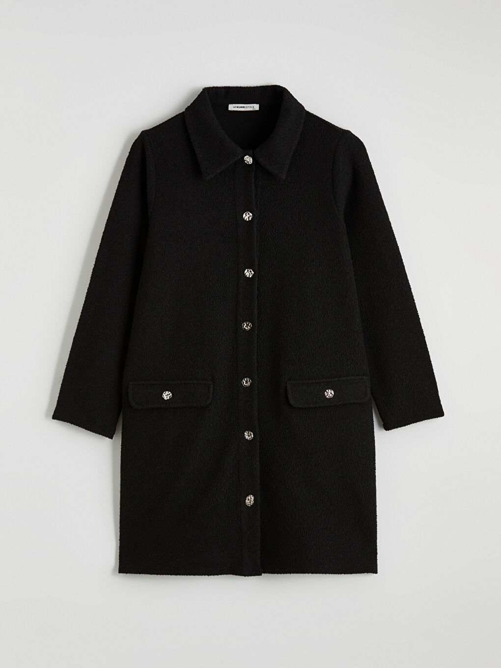 Siyah Gömlek Yaka Dokulu Kadın Triko Hırka	-3