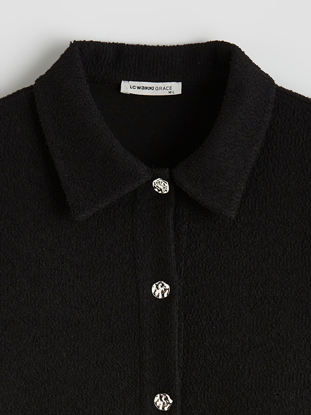 Siyah Gömlek Yaka Dokulu Kadın Triko Hırka	-4