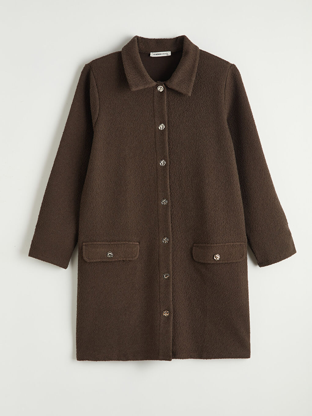 Kahverengi Gömlek Yaka Dokulu Kadın Triko Hırka	-3