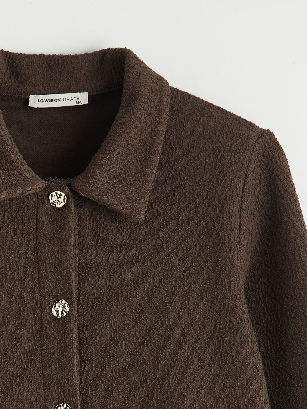 Kahverengi Gömlek Yaka Dokulu Kadın Triko Hırka	-4