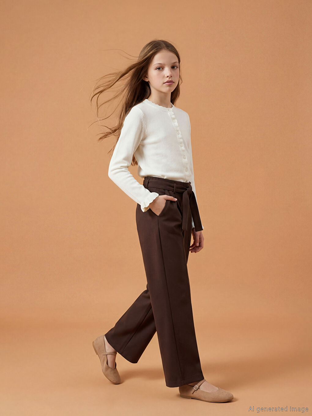 Kahverengi Beli Lastikli Kız Çocuk Pileli Pantolon