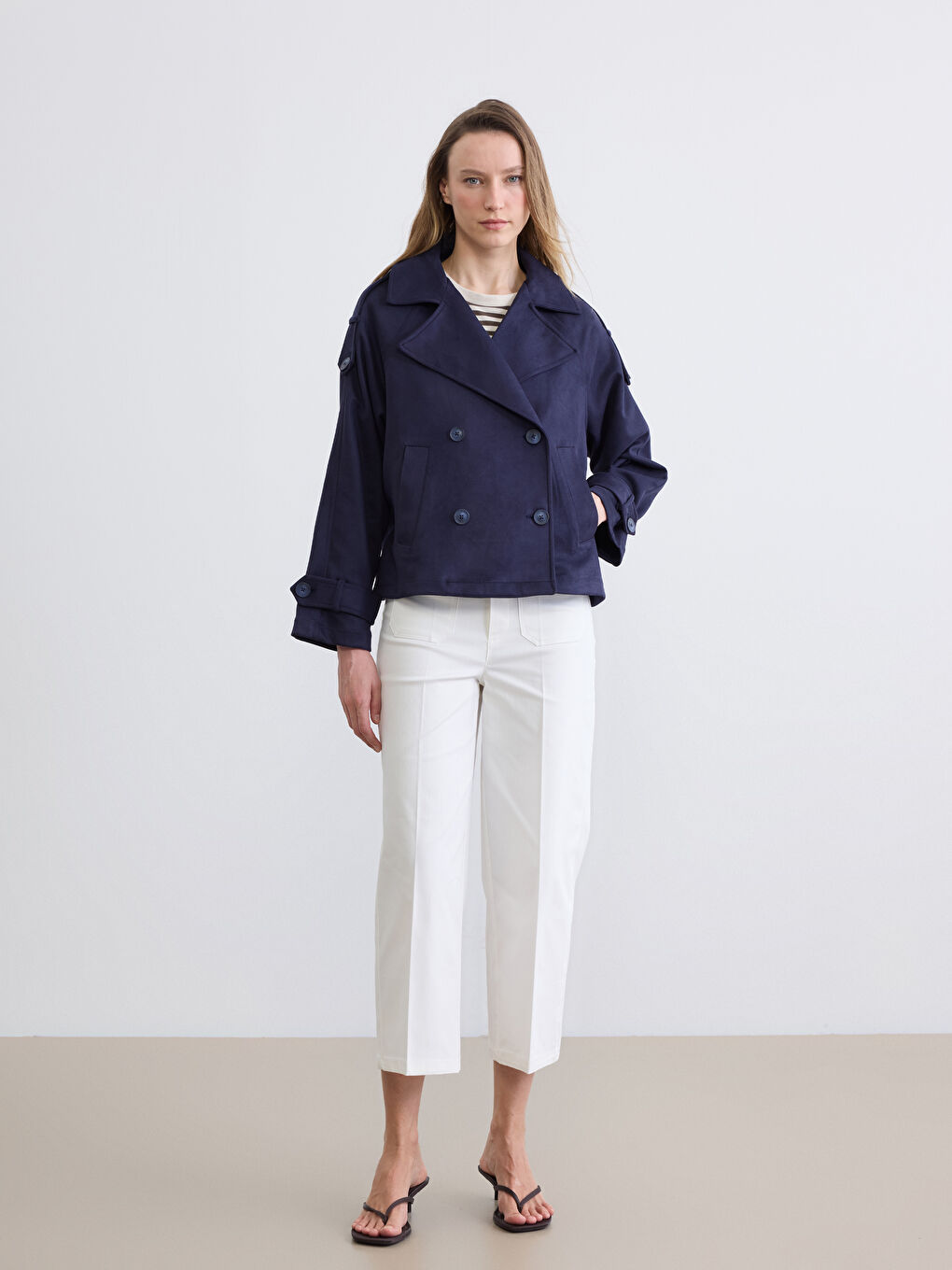 Lacivert Oversize Kadın Süet Görünümlü Trençkot-1