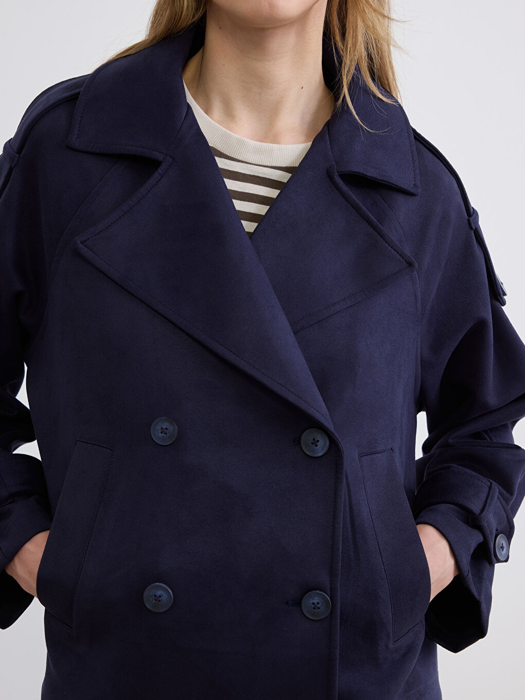 Lacivert Oversize Kadın Süet Görünümlü Trençkot-2