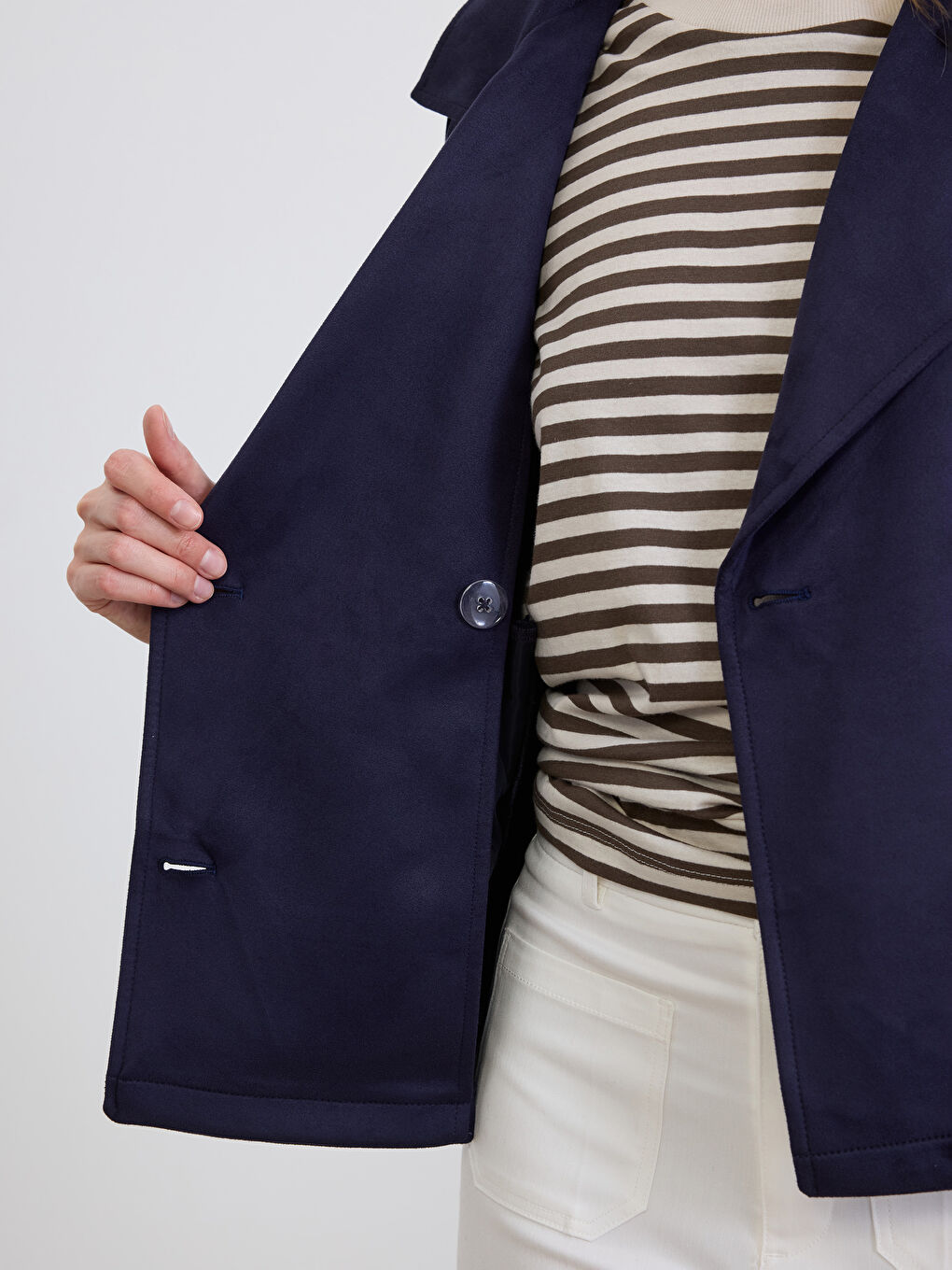 Lacivert Oversize Kadın Süet Görünümlü Trençkot-3