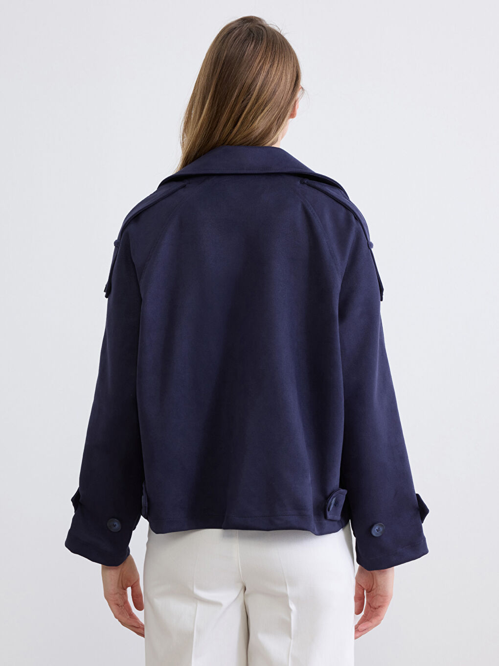 Lacivert Oversize Kadın Süet Görünümlü Trençkot-4