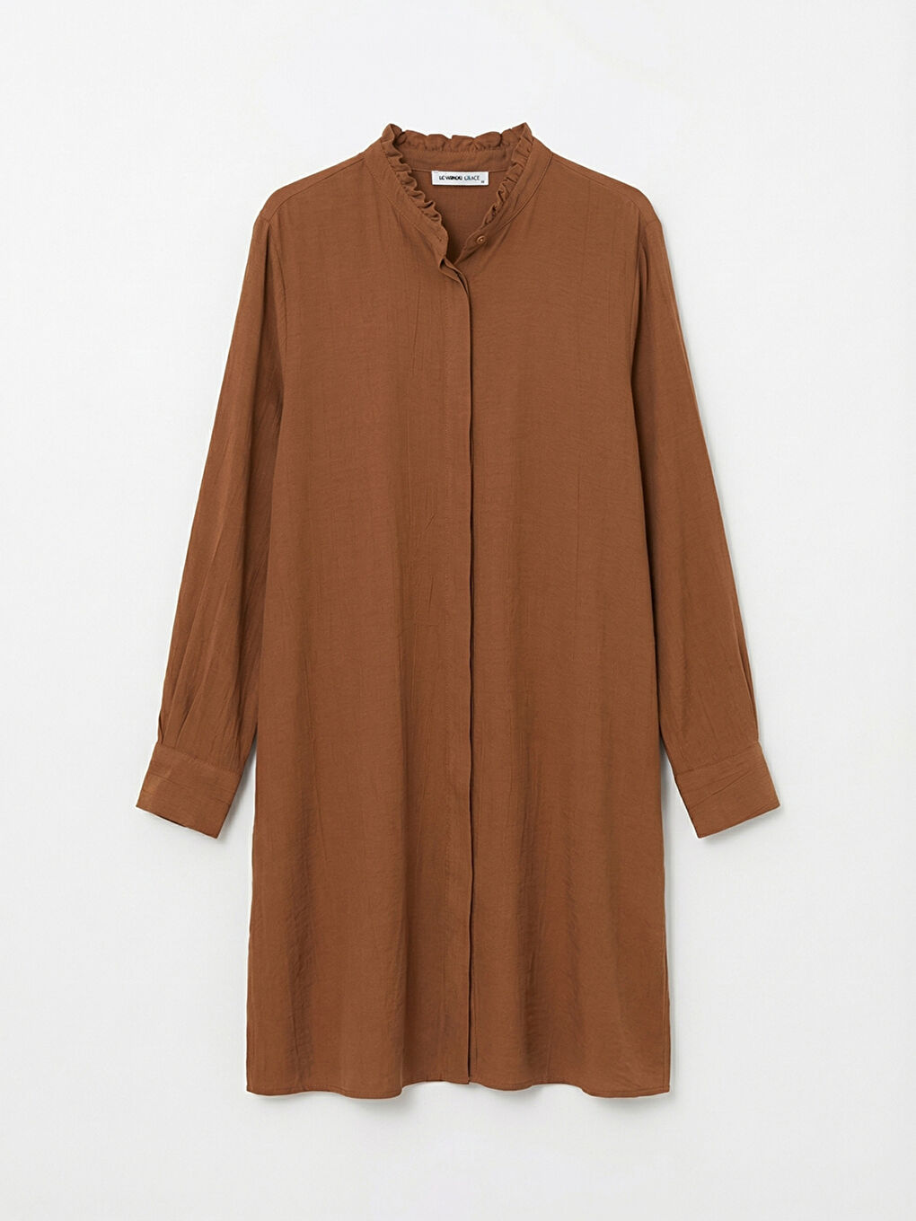 Kahverengi Fırfırlı Hakim Yaka Kadın Gömlek Tunik