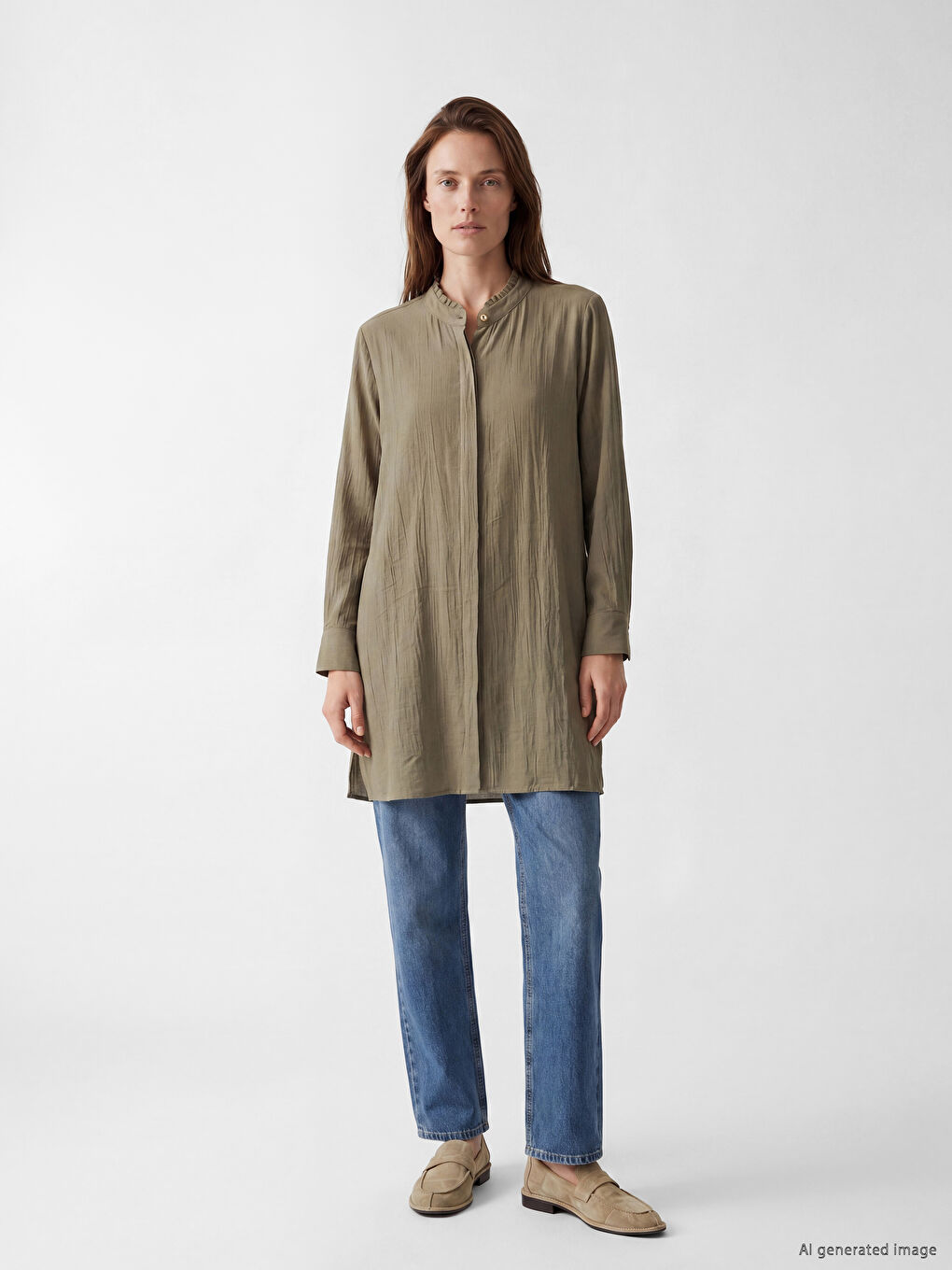 Frilled Grandad Collar Women's Shirt Tunic-1