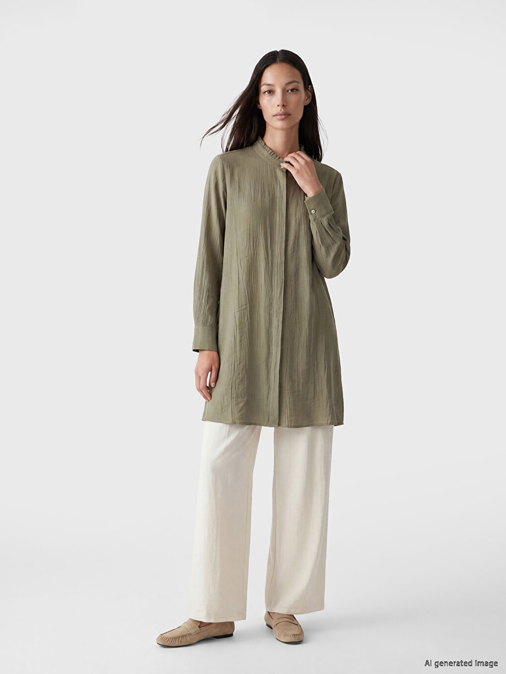 Frilled Grandad Collar Women's Shirt Tunic-2