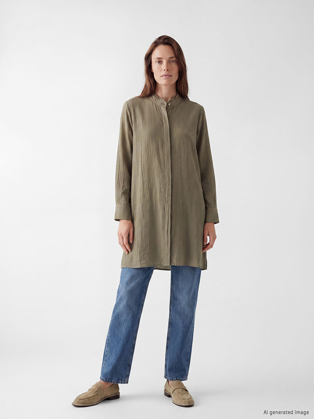 Frilled Grandad Collar Women's Shirt Tunic-1