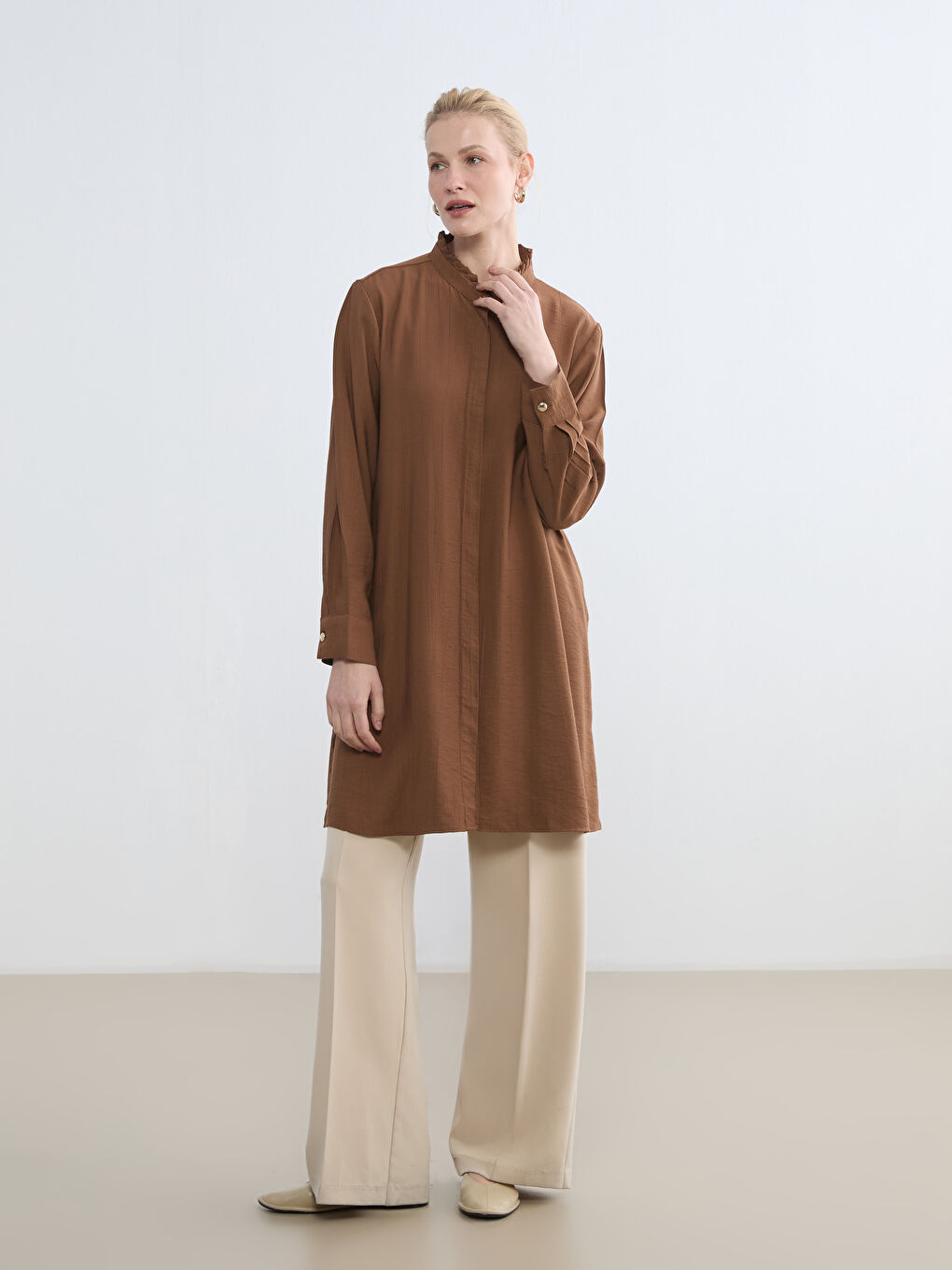 Ruffled Mandarin Collar Women's Tunic Shirt-1