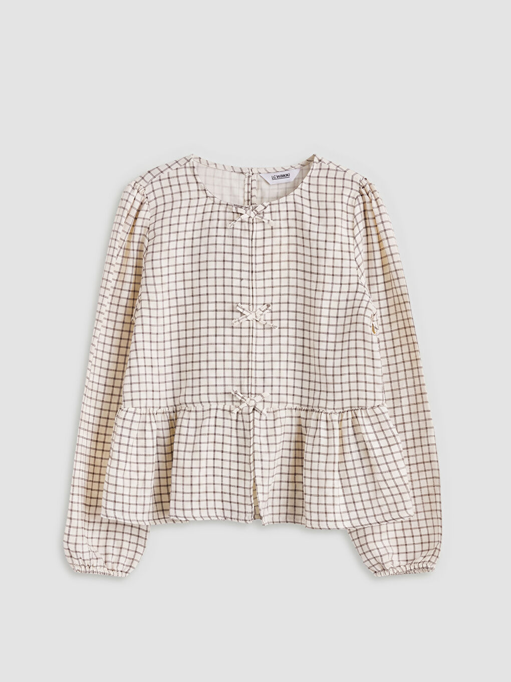 Ekru Fiyonk Detaylı Ekose Kız Çocuk Bluz