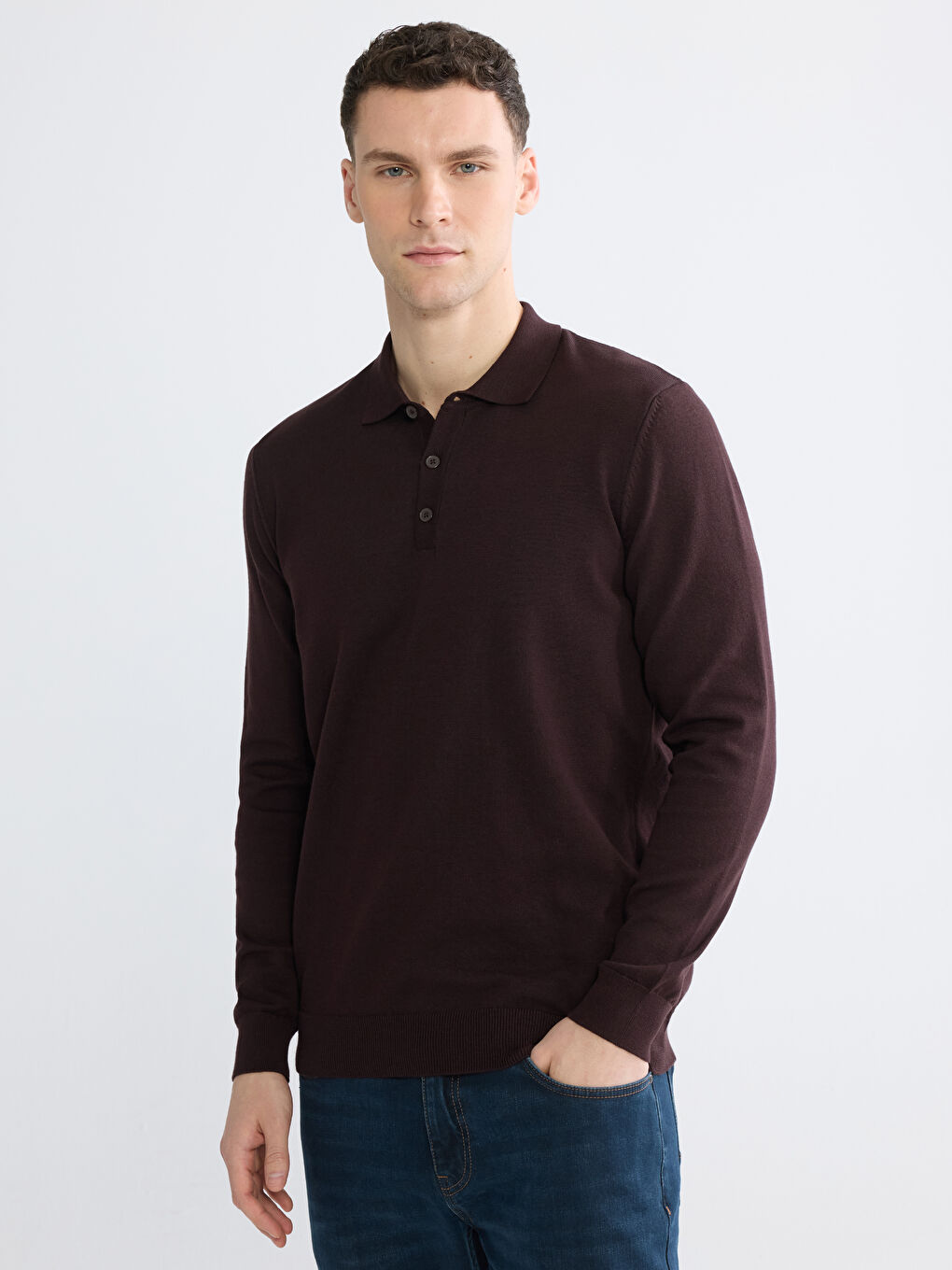 Kahverengi Polo Yaka Erkek Triko Kazak