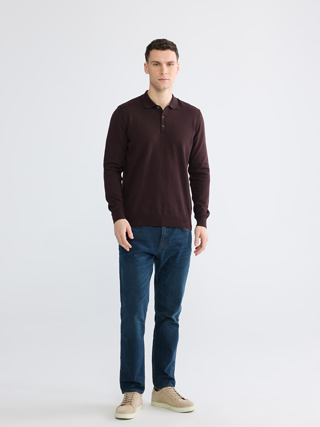 Kahverengi Polo Yaka Erkek Triko Kazak-1