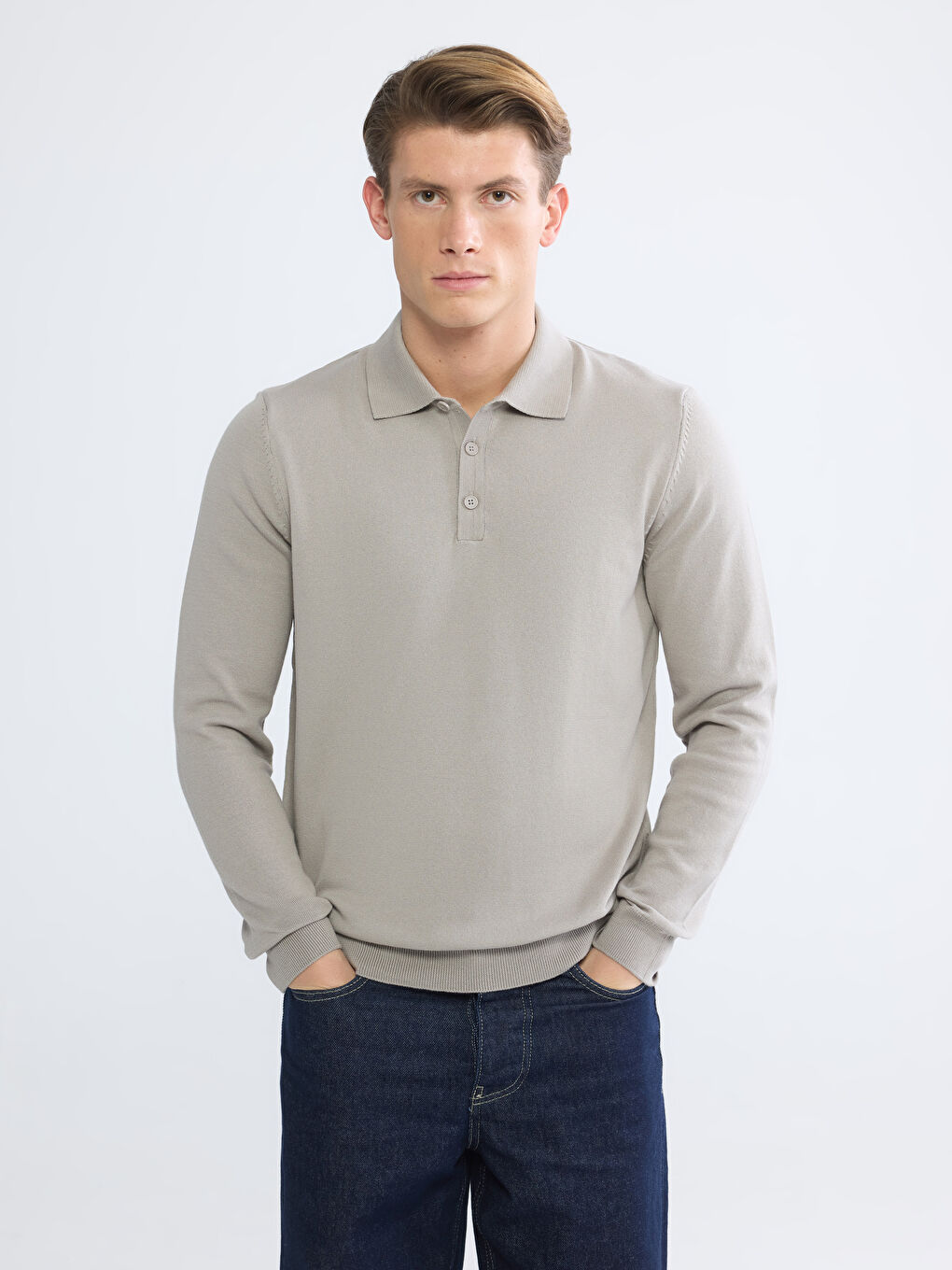 Bej Polo Yaka Erkek Triko Kazak