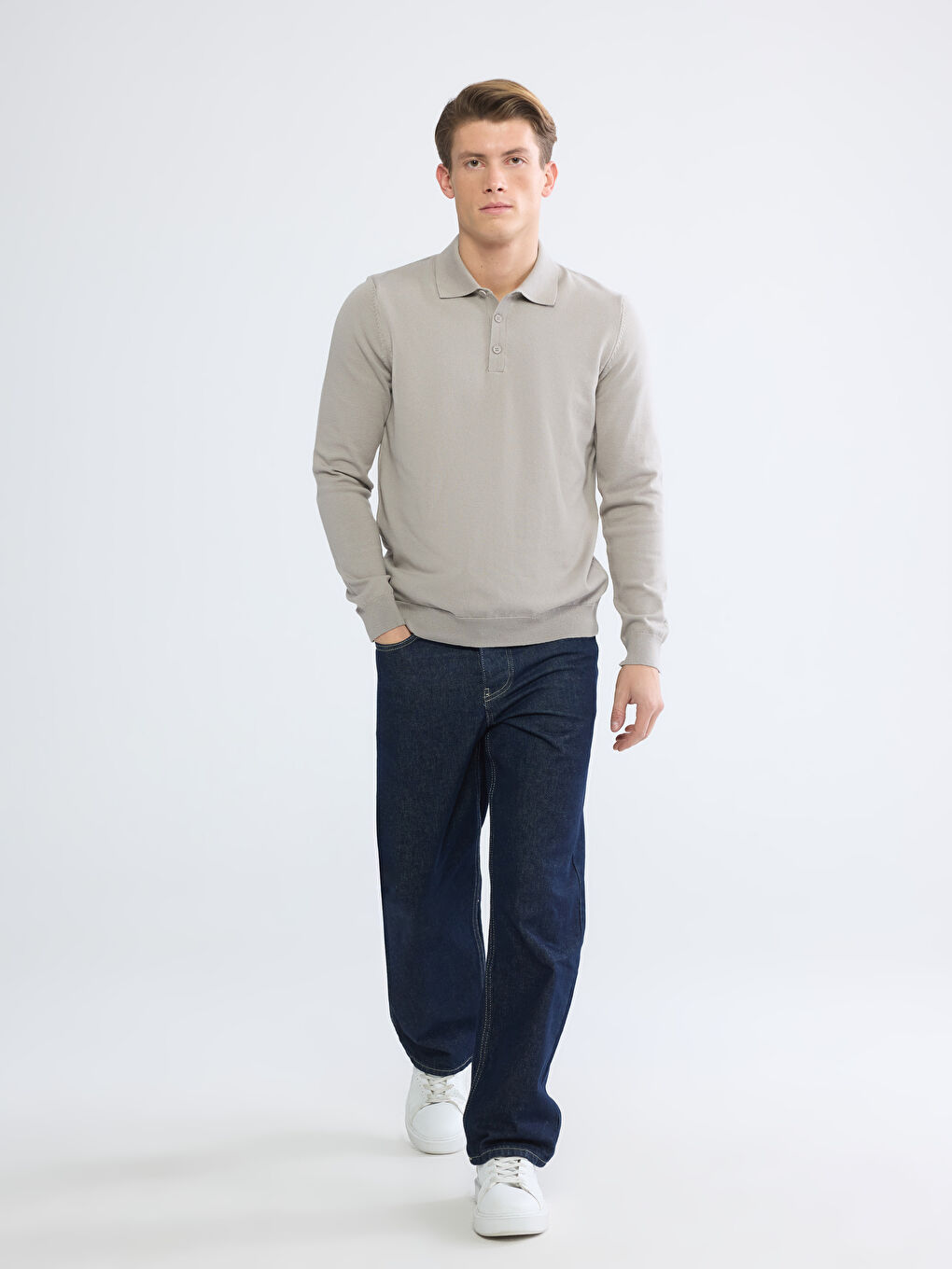 Bej Polo Yaka Erkek Triko Kazak-1