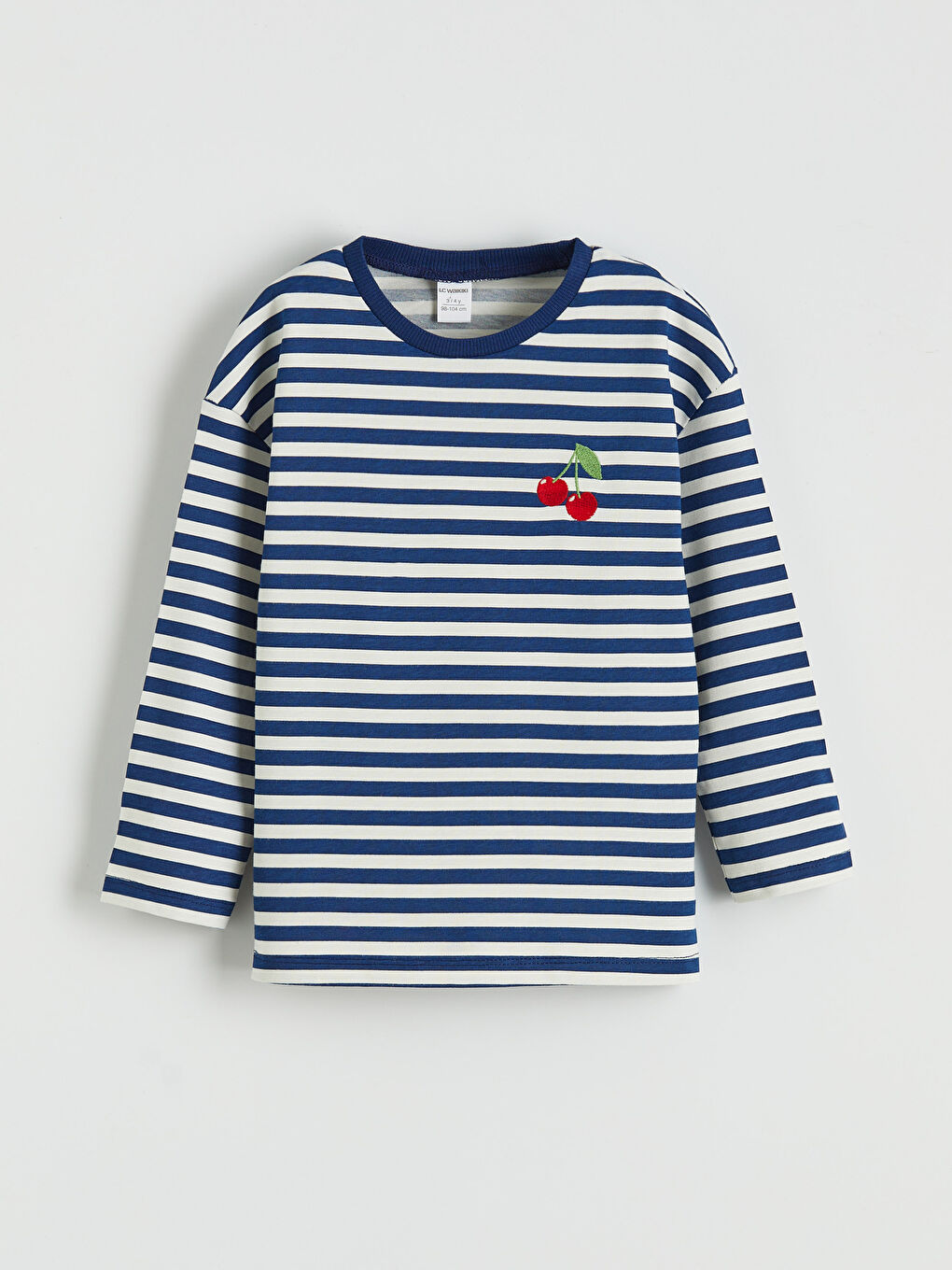 Lacivert Bisiklet Yaka Kiraz Nakışlı Kız Çocuk Tişört