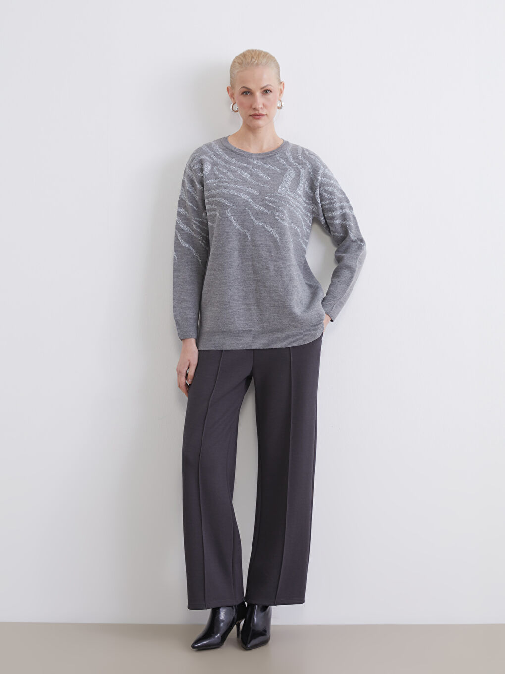 Antrasit Beli Lastikli Geniş Paça Kadın Pantolon	