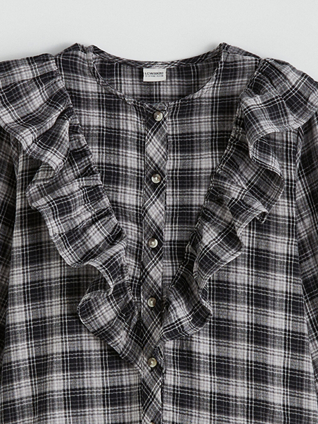 Ekru Kız Çocuk Ekose Fırfırlı Poplin Gömlek-1