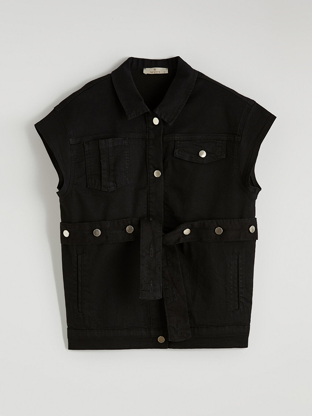 Siyah Gömlek Yaka Kemerli Kadın Jean Yelek-4