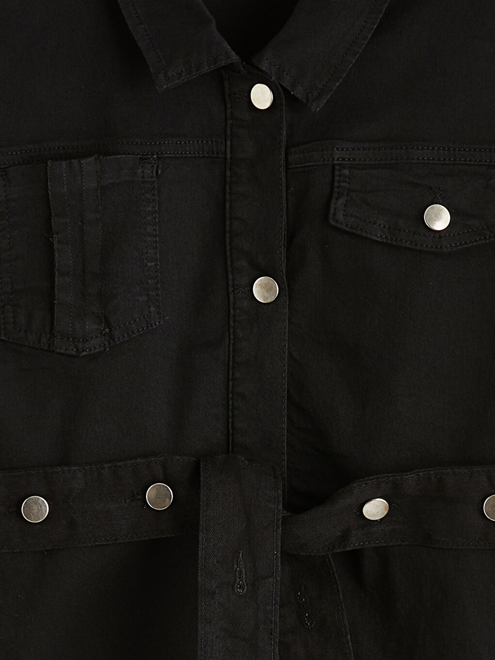 Siyah Gömlek Yaka Kemerli Kadın Jean Yelek-5