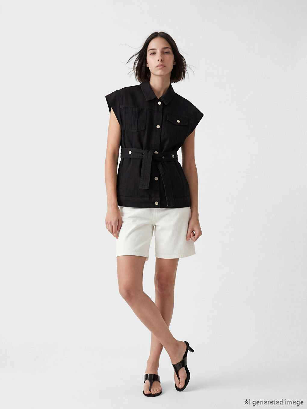 Siyah Gömlek Yaka Kemerli Kadın Jean Yelek-2