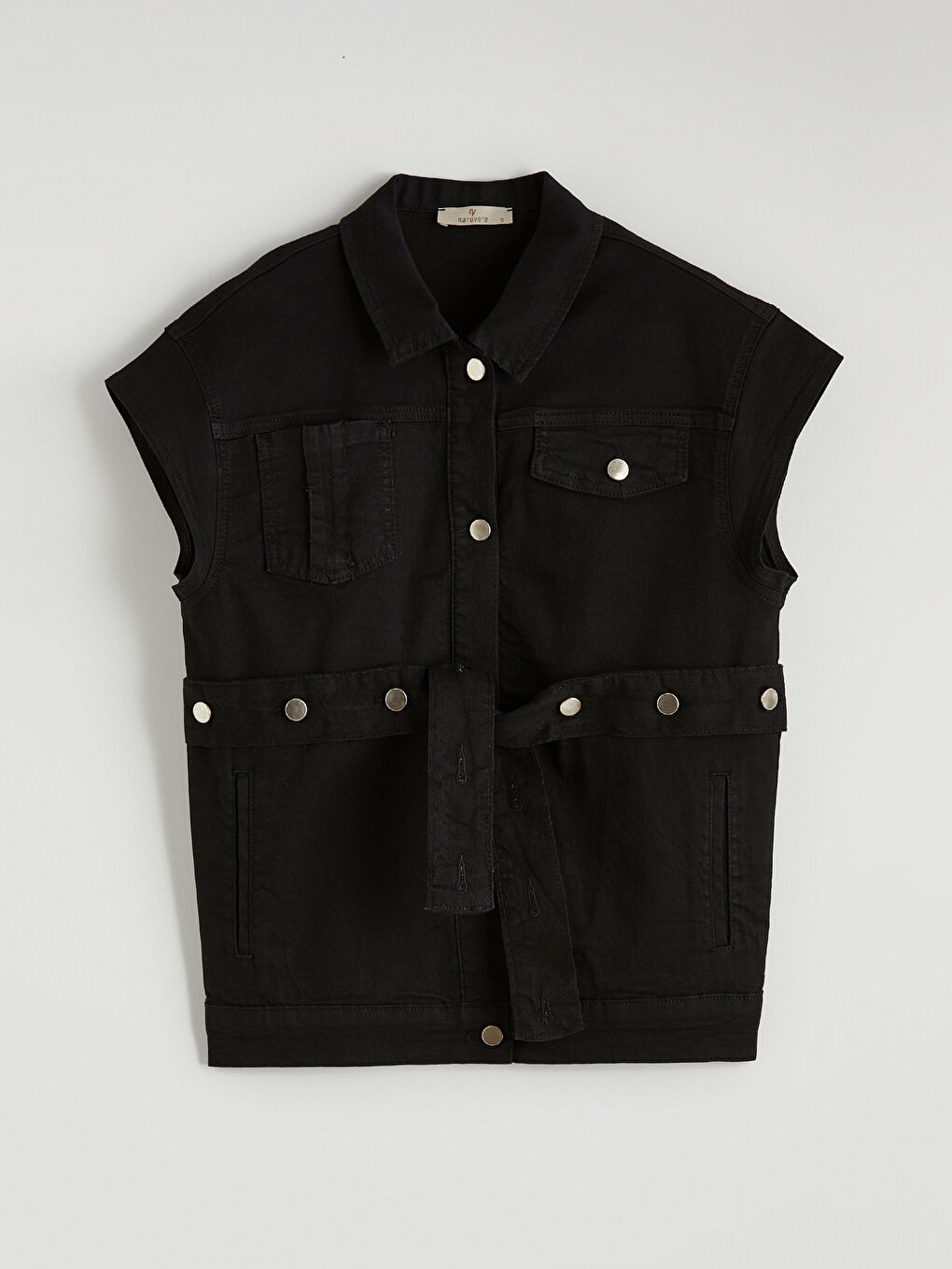 Siyah Gömlek Yaka Kemerli Kadın Jean Yelek-4