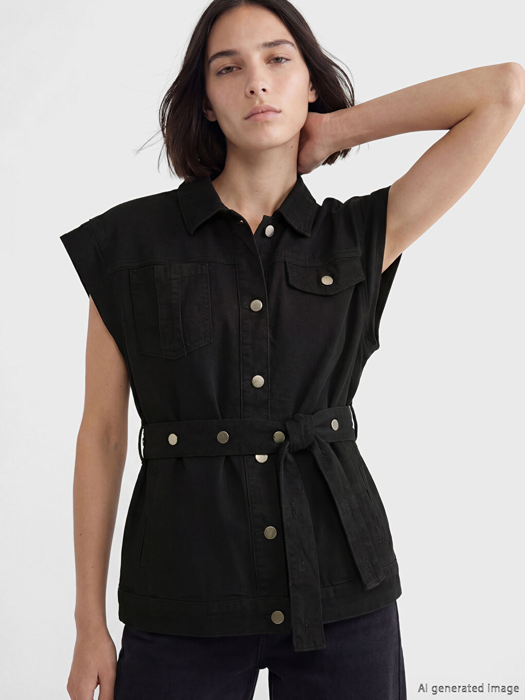 Siyah Gömlek Yaka Kemerli Kadın Jean Yelek