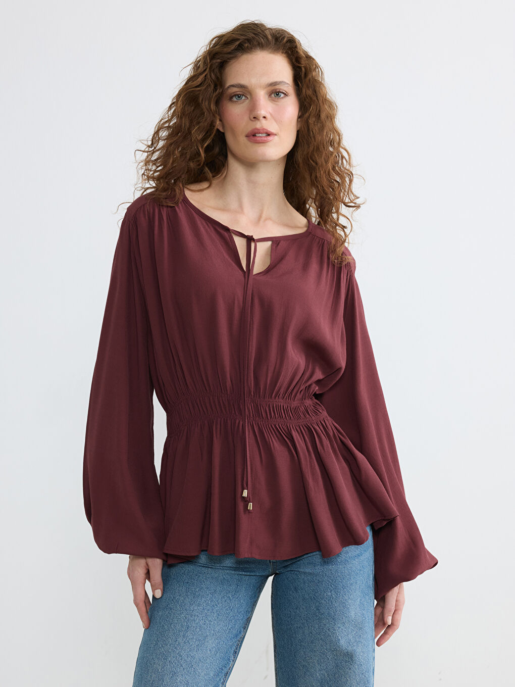 Bordo Bağlama Yaka Büzgülü Bluz