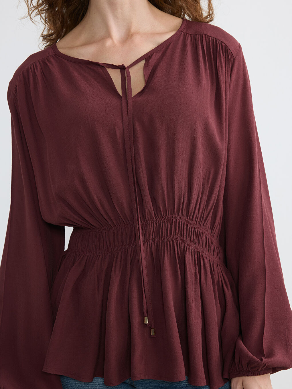 Bordo Bağlama Yaka Büzgülü Bluz-2
