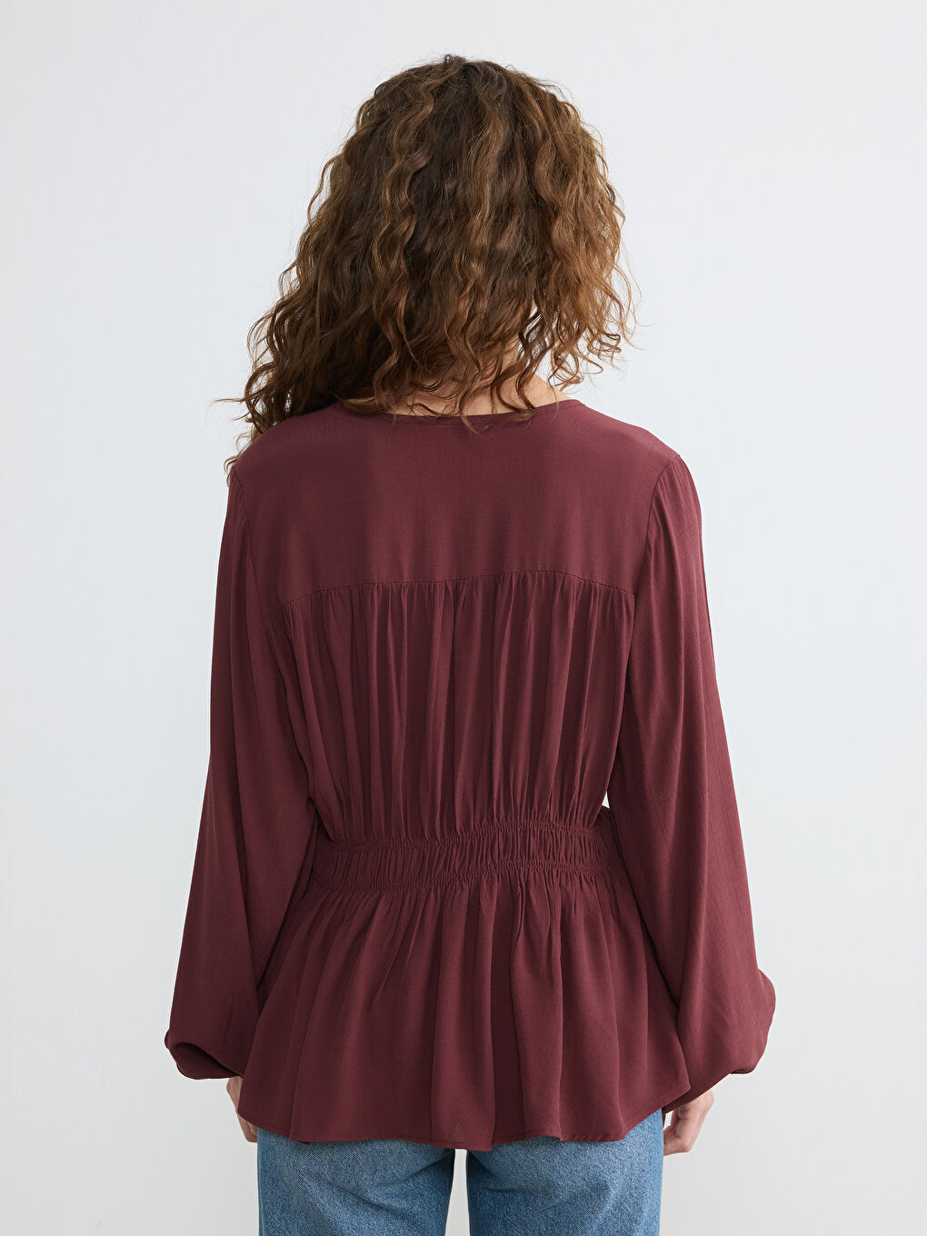 Bordo Bağlama Yaka Büzgülü Bluz-3