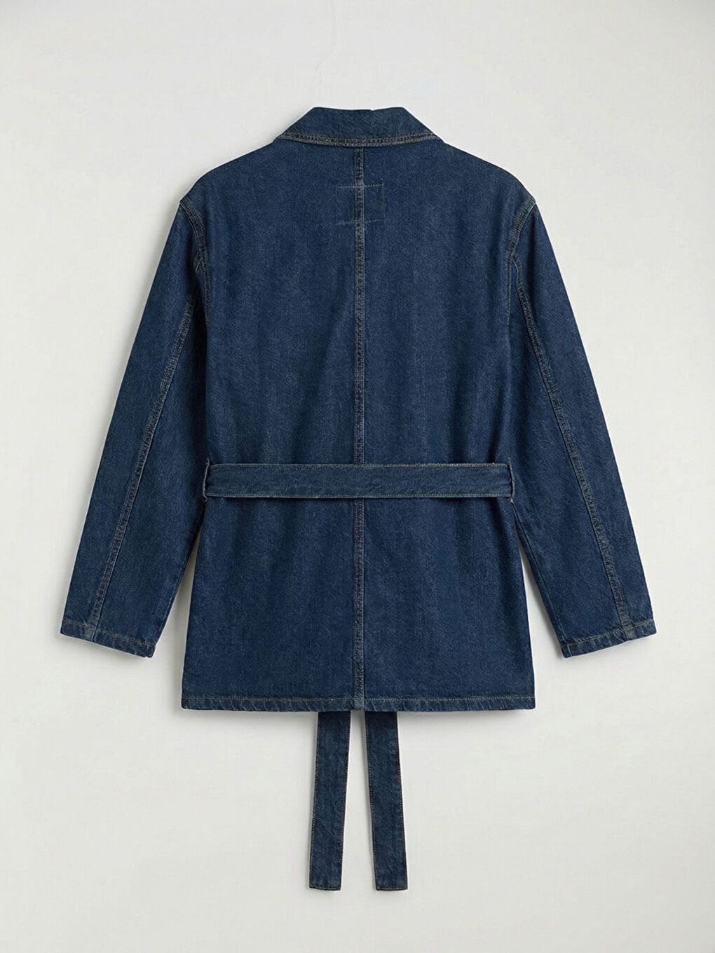 İndigo Gömlek Yaka Beli Kuşaklı Kadın Jean Ceket-4