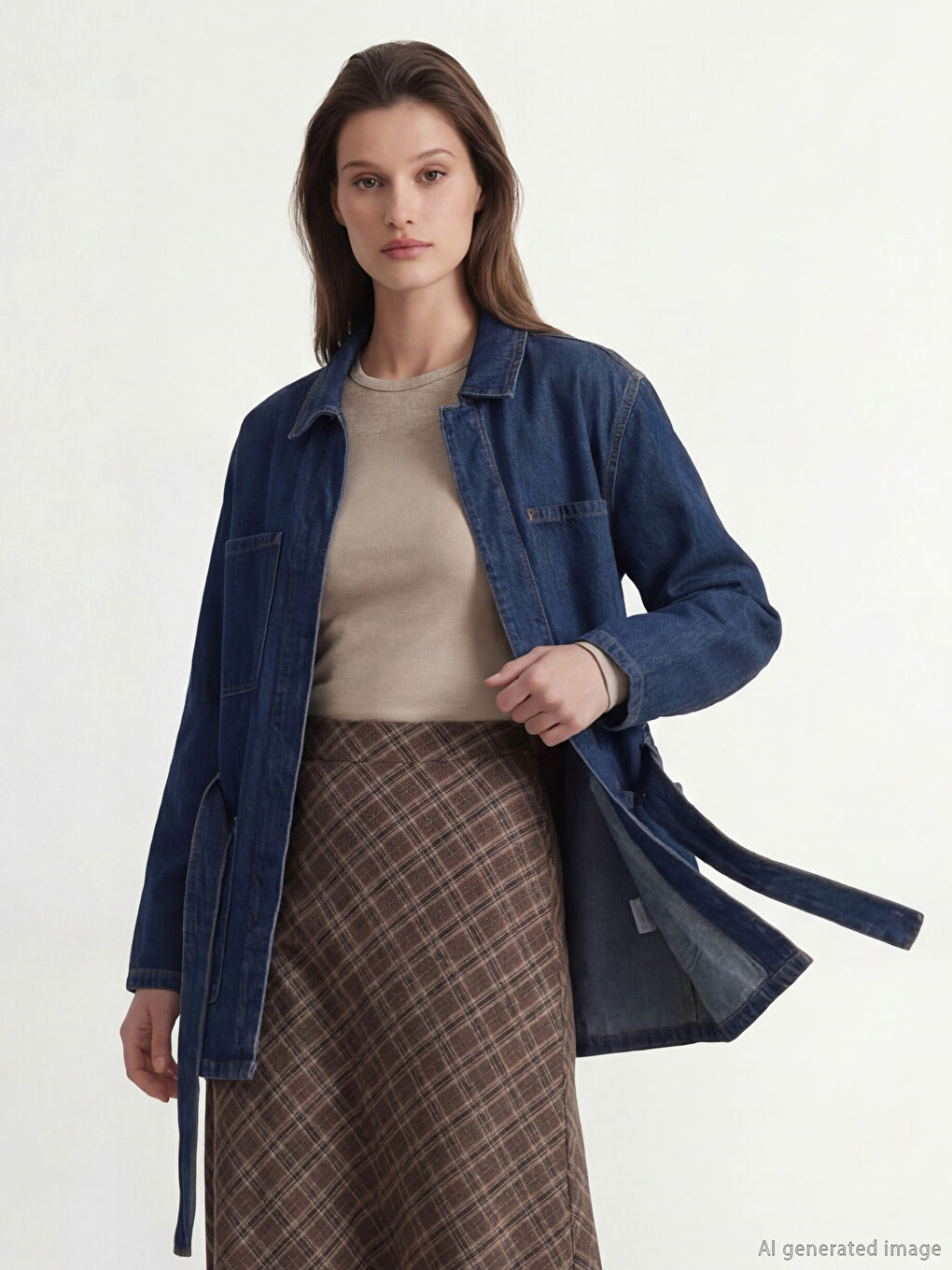 İndigo Gömlek Yaka Beli Kuşaklı Kadın Jean Ceket-2