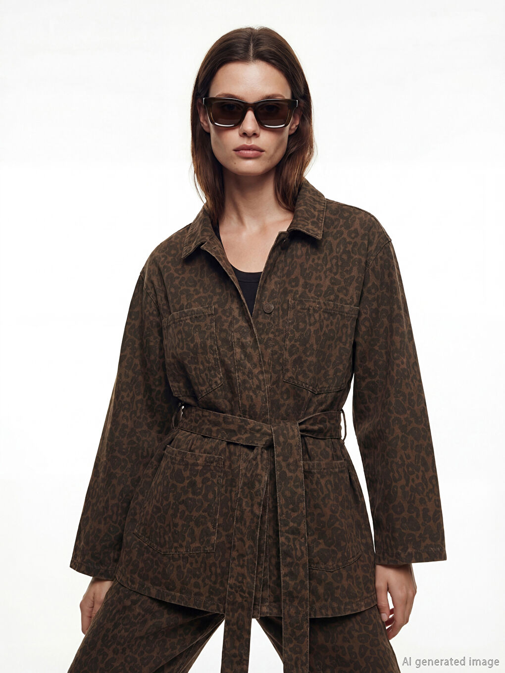 Kahverengi Gömlek Yaka Leopar Desenli Kadın Jean Ceket