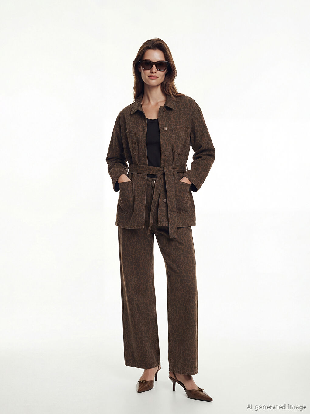 Kahverengi Gömlek Yaka Leopar Desenli Kadın Jean Ceket-1