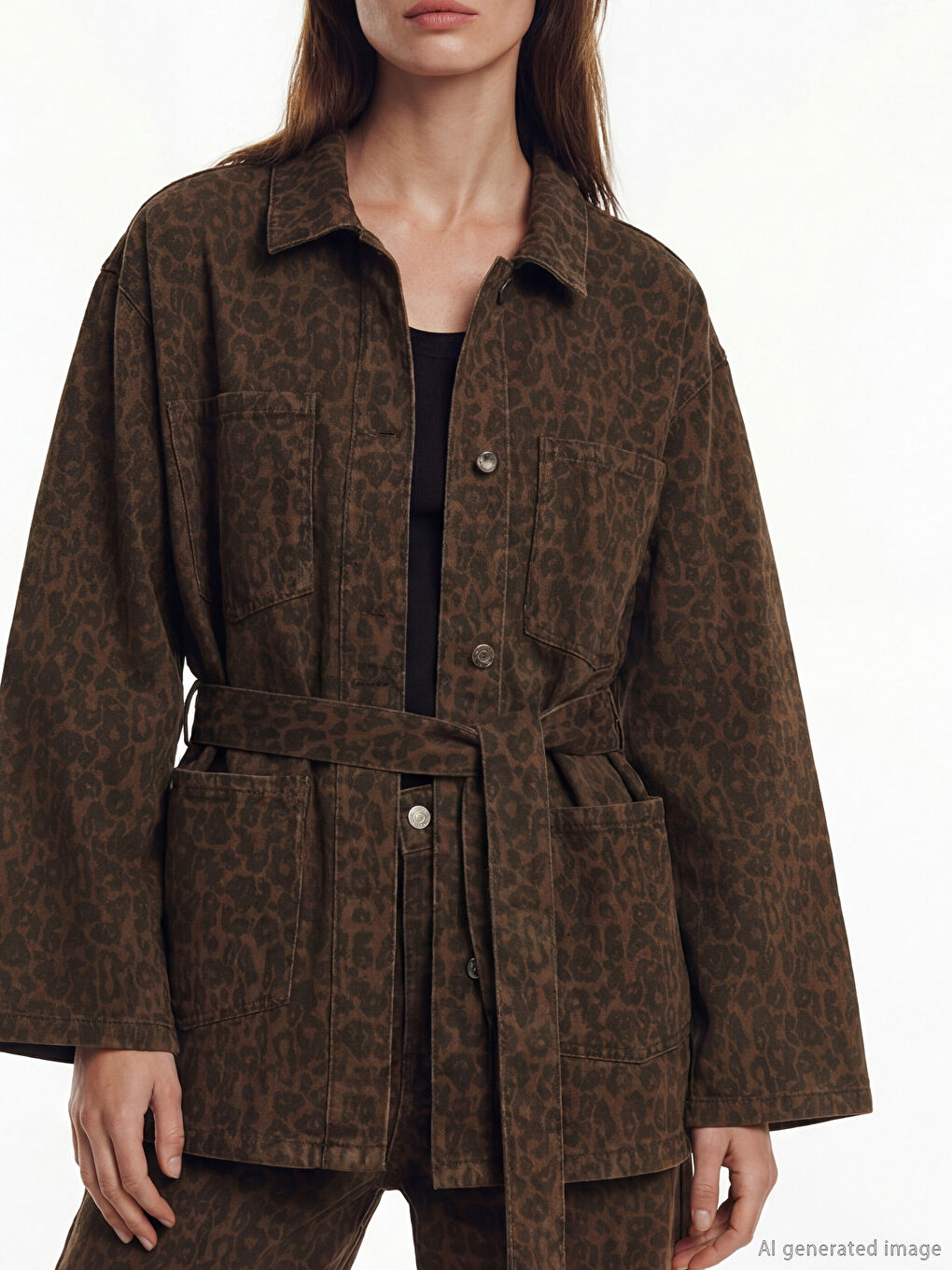Kahverengi Gömlek Yaka Leopar Desenli Kadın Jean Ceket-2