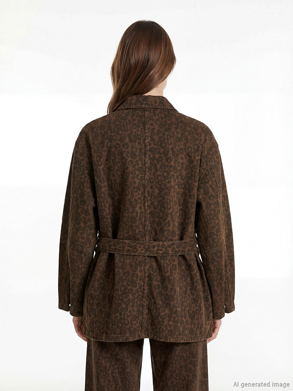 Kahverengi Gömlek Yaka Leopar Desenli Kadın Jean Ceket-3