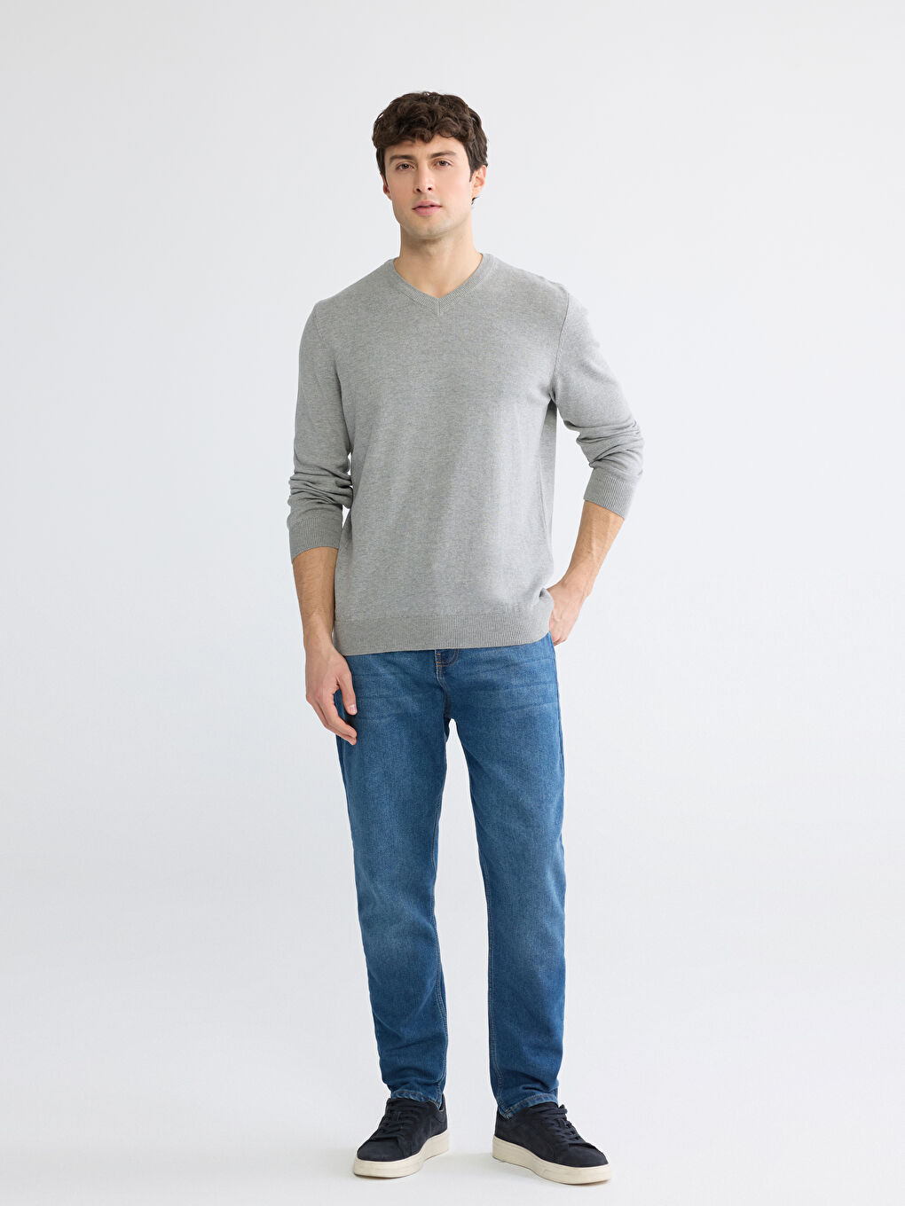 Gri V Yaka Erkek Triko Kazak-1