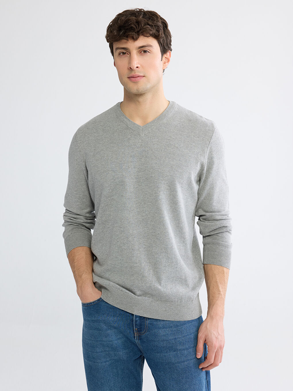 Gri V Yaka Erkek Triko Kazak-2