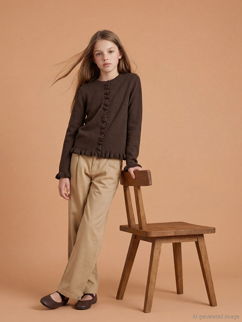 Bej Mom Fit Kız Çocuk Pileli Pantolon