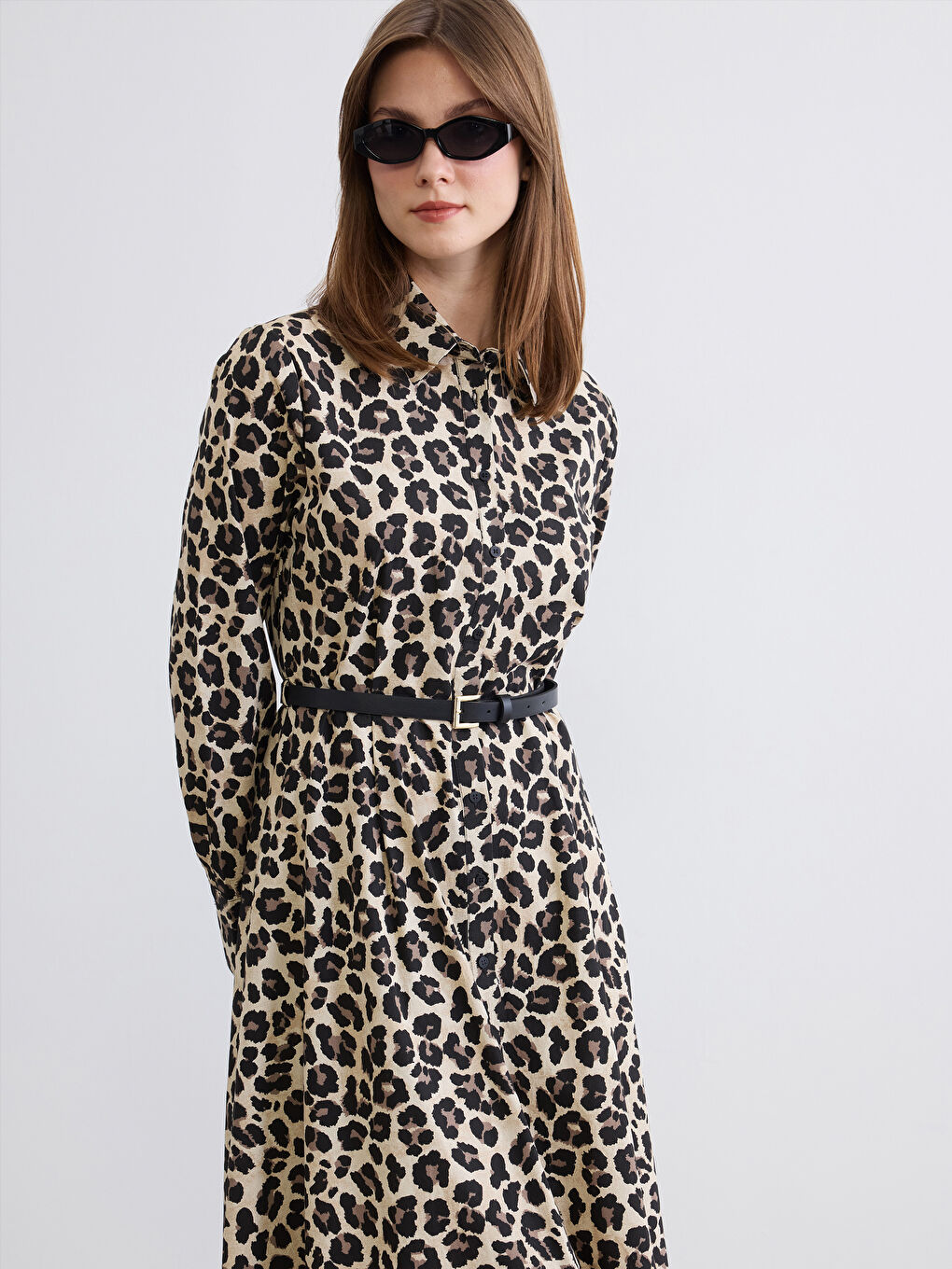 Leopard Print Belted Poplin Shirt Dress