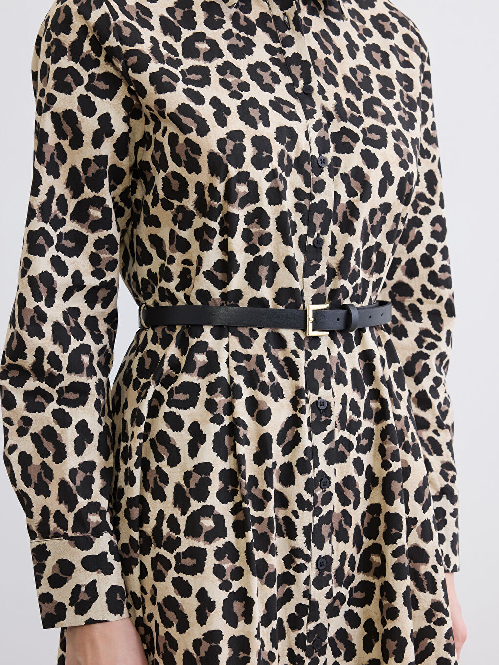 Leopard Print Belted Poplin Shirt Dress-2