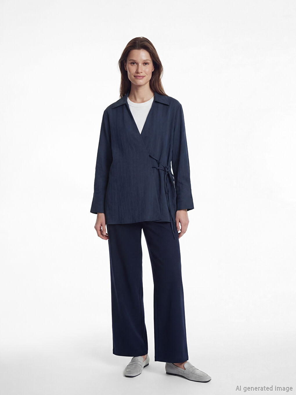 Lacivert Kruvaze Yaka Modal Karışımlı Kadın Kimono-1