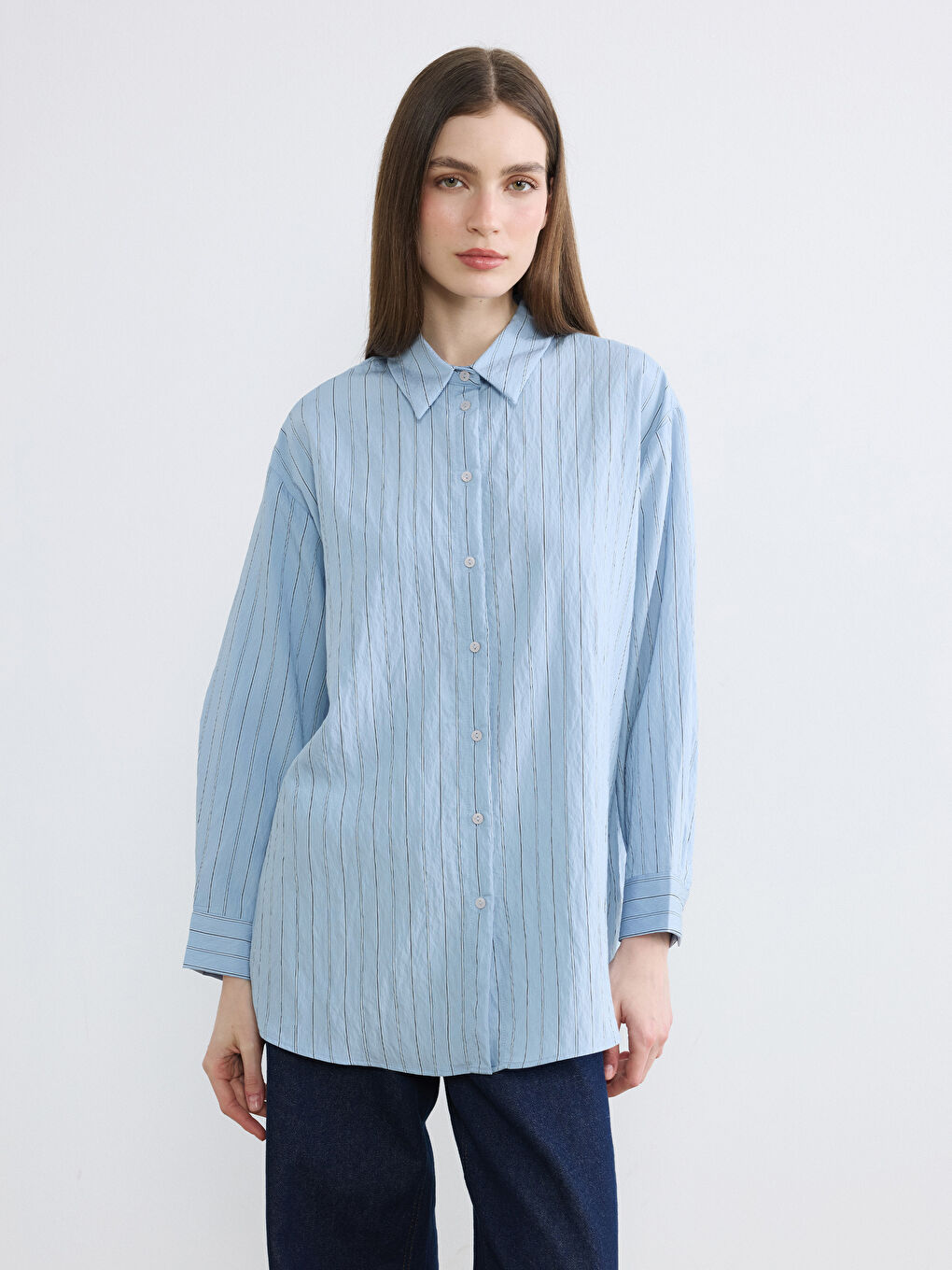 Mavi Çizgili Kadın Gömlek Tunik