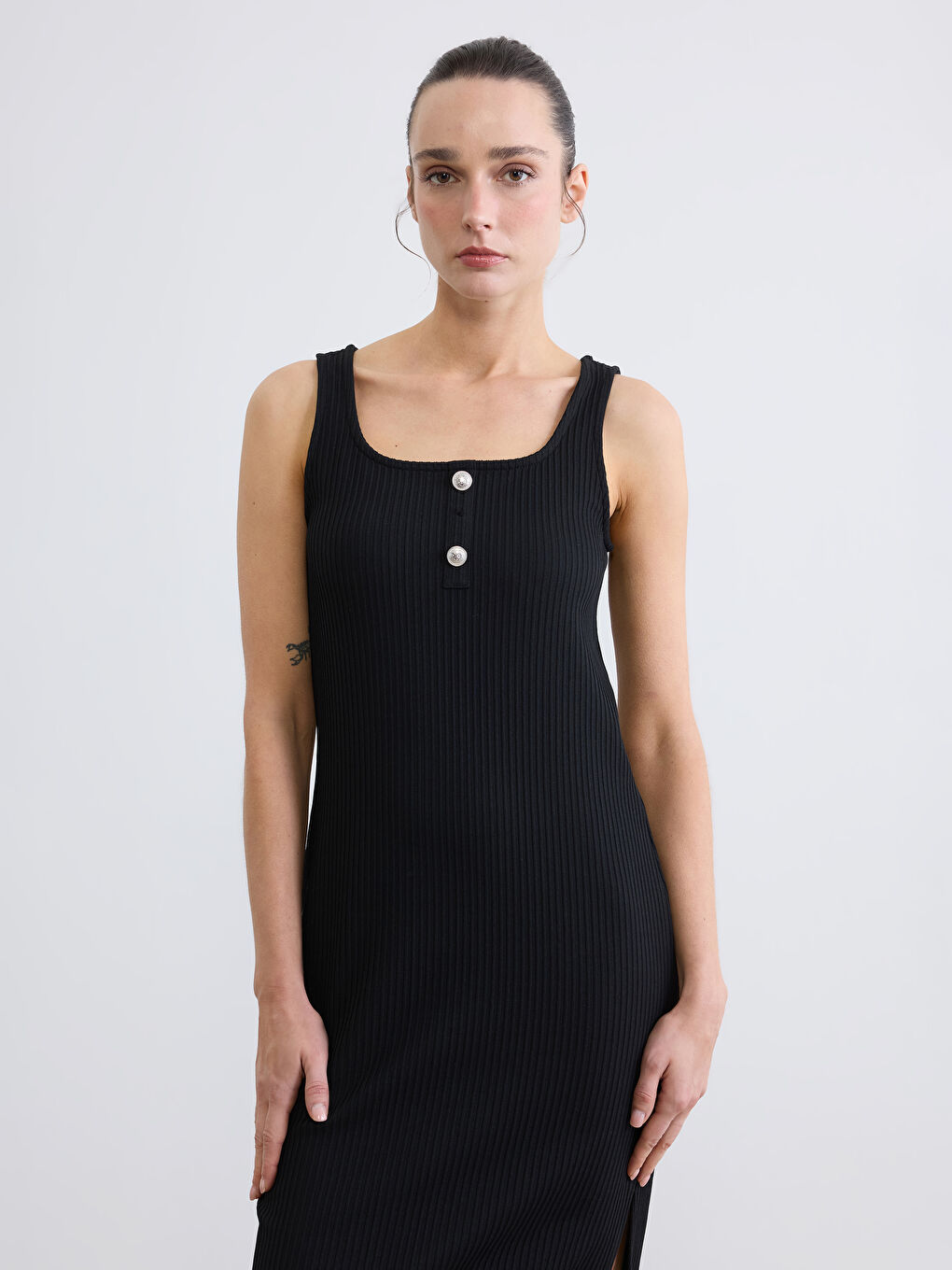 Siyah U Yaka Fitilli Bodycon Elbise-1