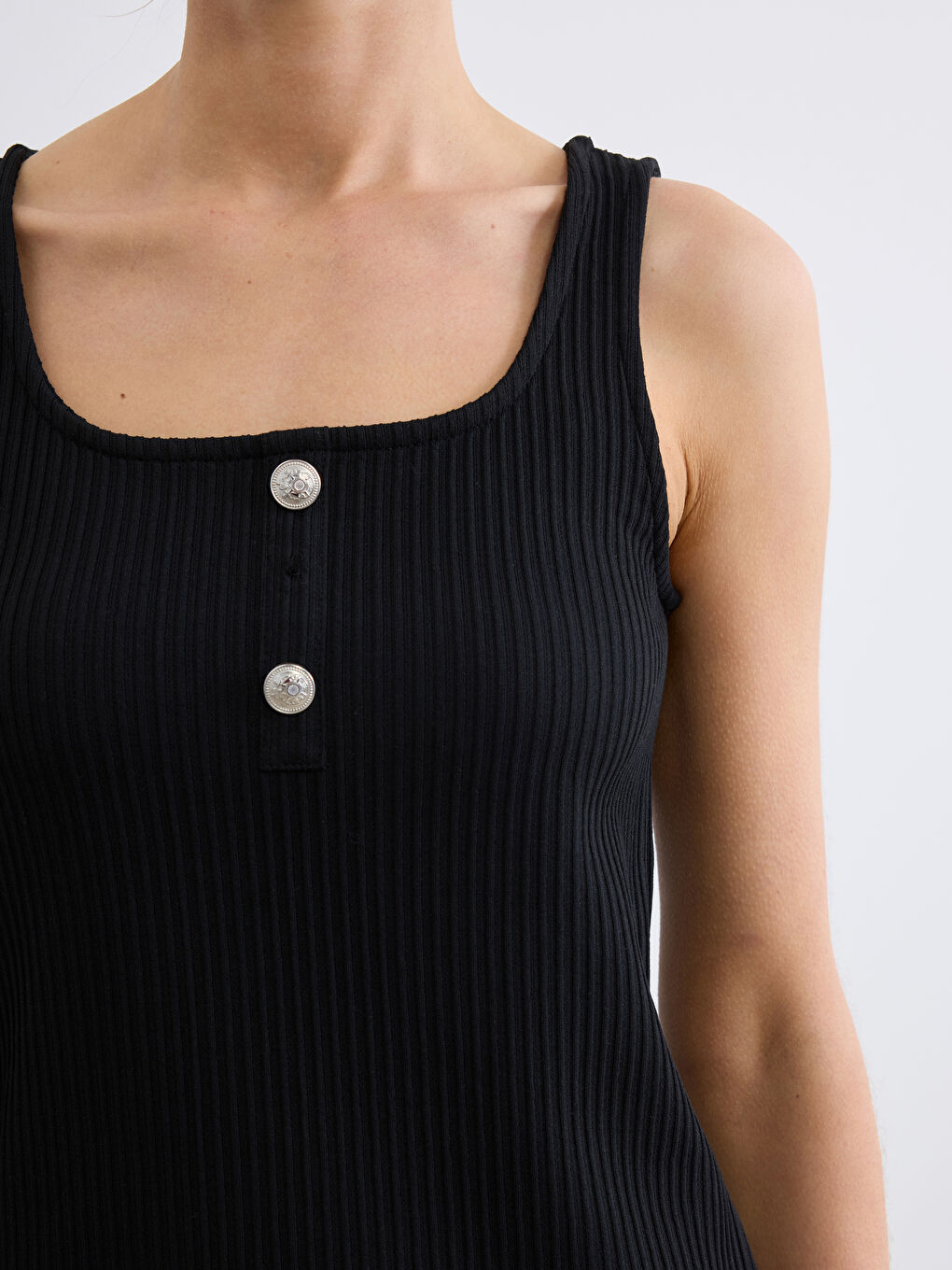 Siyah U Yaka Fitilli Bodycon Elbise-2