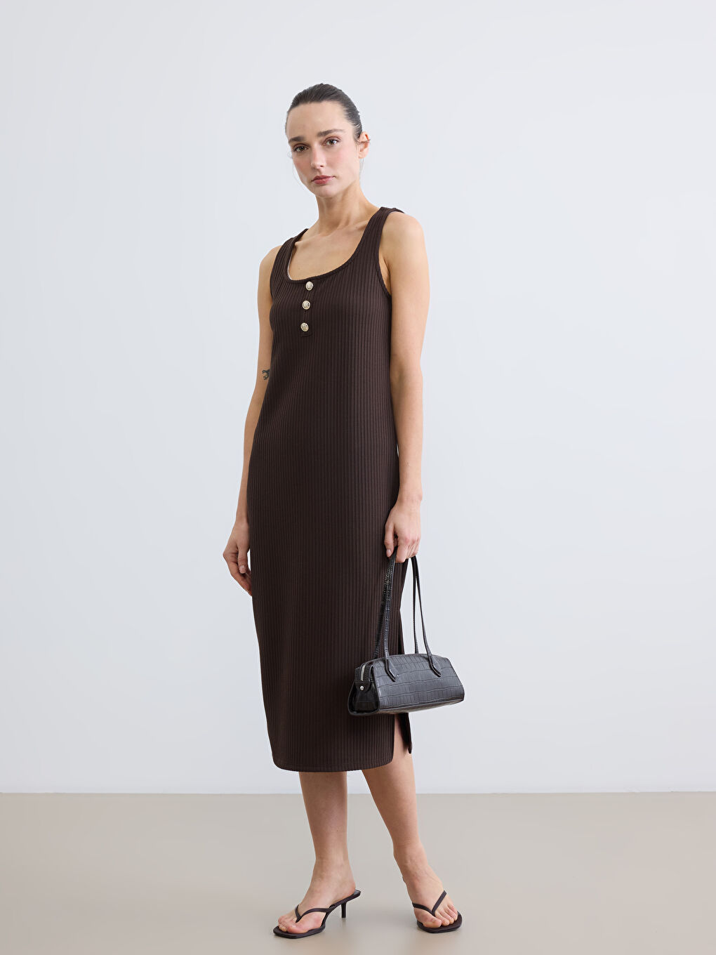 Kahverengi U Yaka Fitilli Bodycon Elbise-1