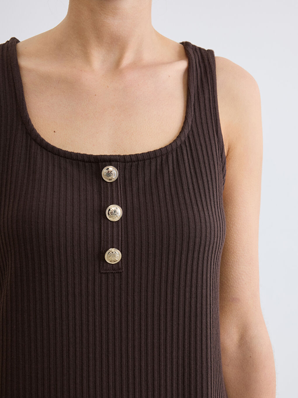 Kahverengi U Yaka Fitilli Bodycon Elbise-2