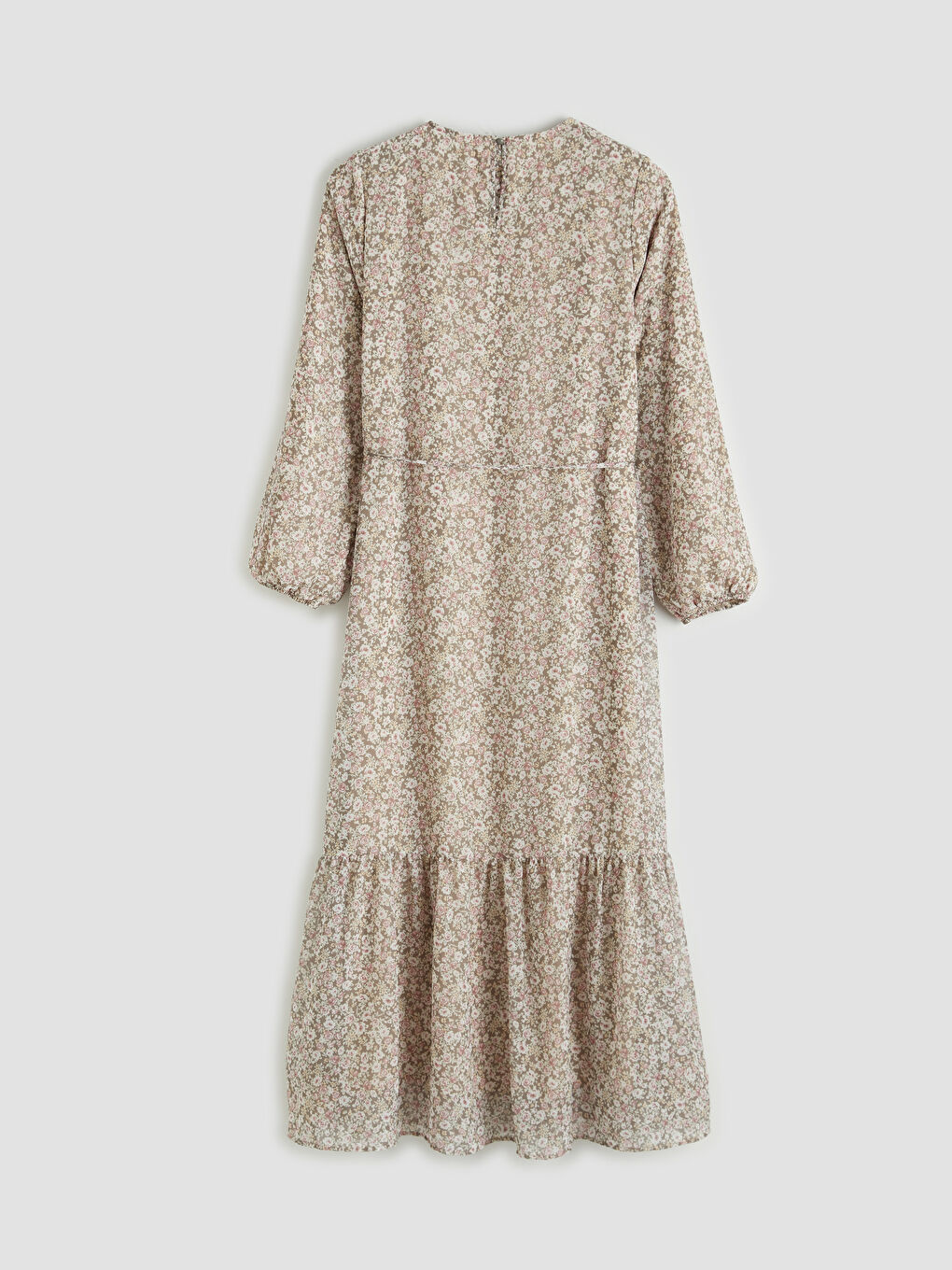 Karışık Fırfırlı Bisiklet Yaka Çiçekli Şifon Elbise-5