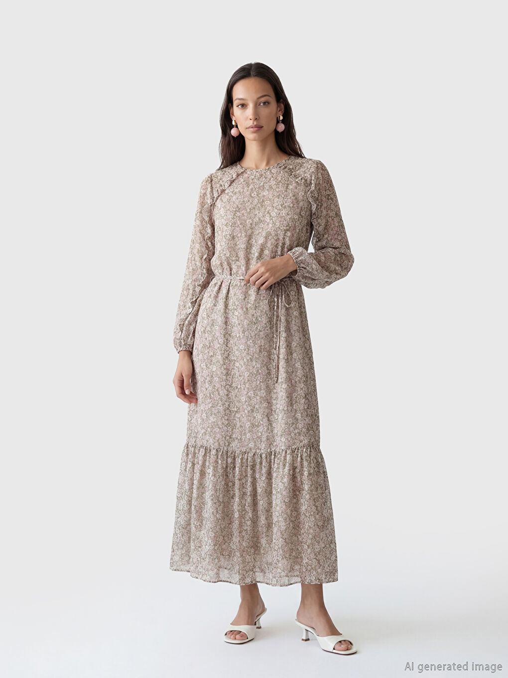 Karışık Fırfırlı Bisiklet Yaka Çiçekli Şifon Elbise-1