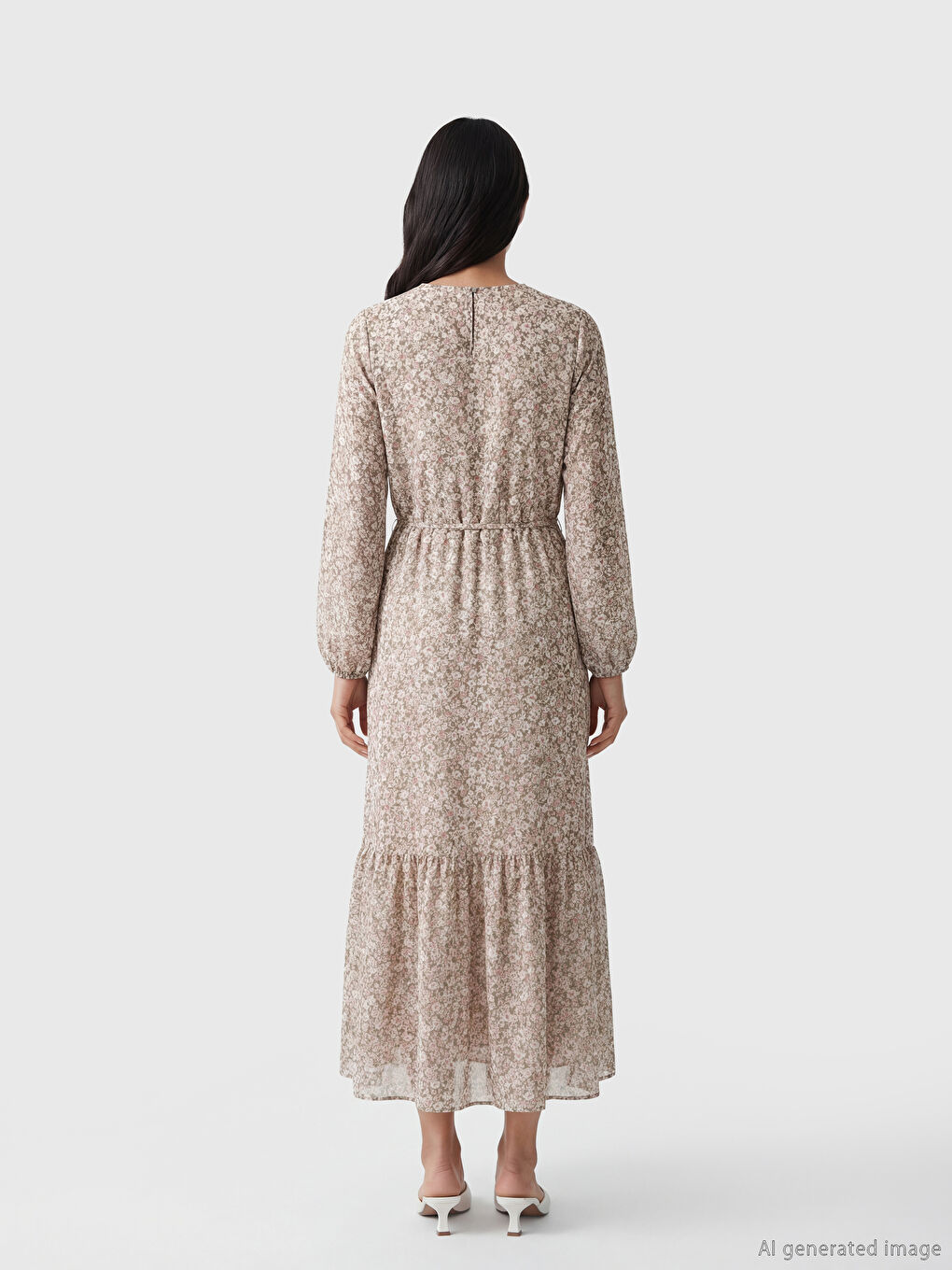 Karışık Fırfırlı Bisiklet Yaka Çiçekli Şifon Elbise-3